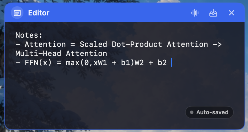 The real Vibes editor pane with dictation and autosave controls