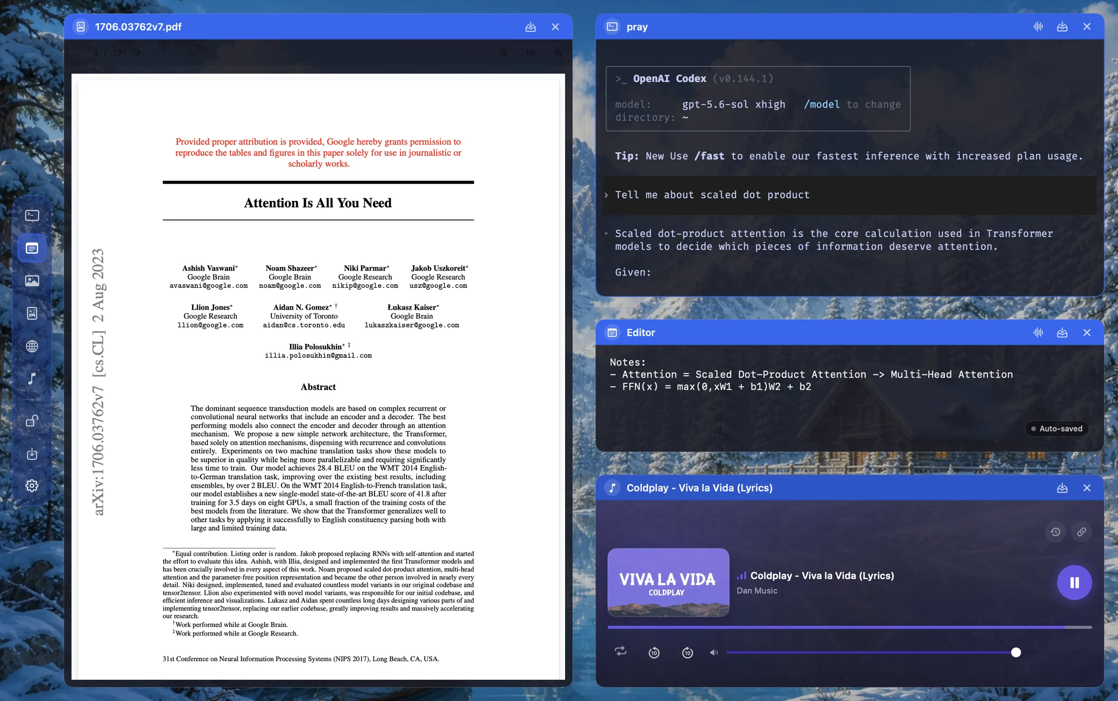 The real Vibes workspace: a PDF paper, an AI coding session in the terminal, a notes editor, and a music player open side by side over the Alpine Silence living background